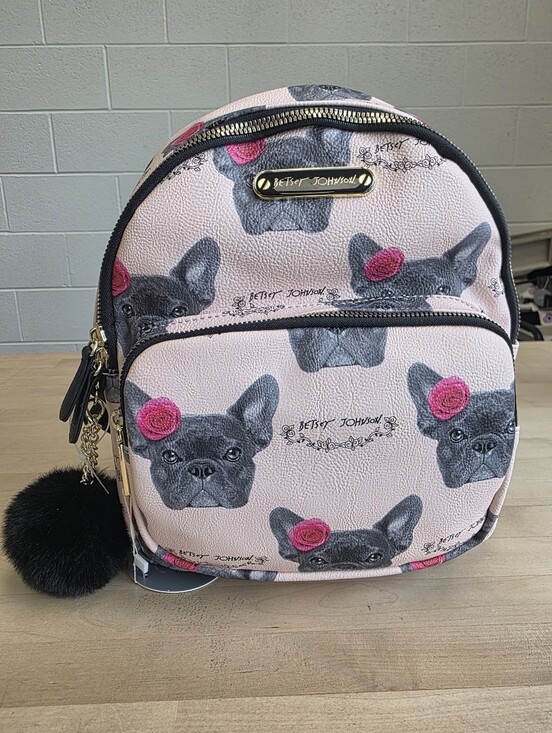 Betsey Johnson Handbags - Betsey Johnson Pink French Bulldog Pattern Mini Backpack with Black Pom